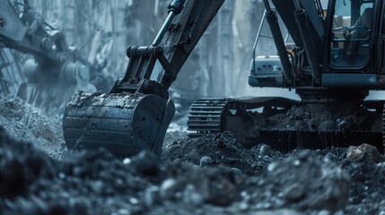 Up-close shot of a functioning excavator at work, symbolizing the essence of construction and heavy machinery.