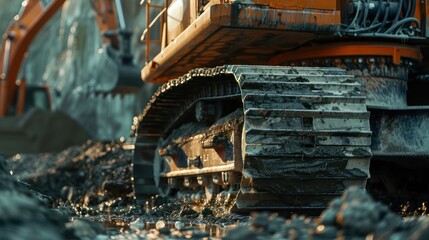 Close-up perspective of a working excavator, embodying the construction concept of machine operation.