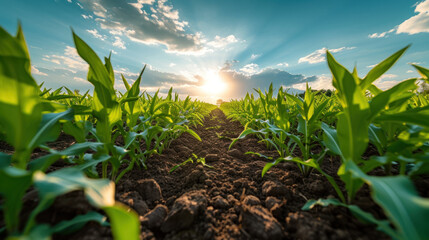 Lush lettuce seedlings bask in the golden sunlight, showcasing the beauty of sustainable agriculture and fresh produce cultivation in a serene field