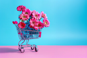 Creative spring concept with shopping cart full of gerbera flowers. Pink and blue combination. Copy space.