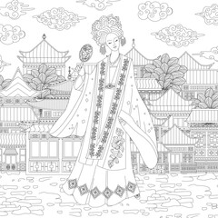 coloring book page for adults and kids. Beautiful chinese girl i - 746556542