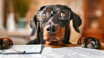 A Doberman dog with a surprised expression wears glasses while calculating taxes.