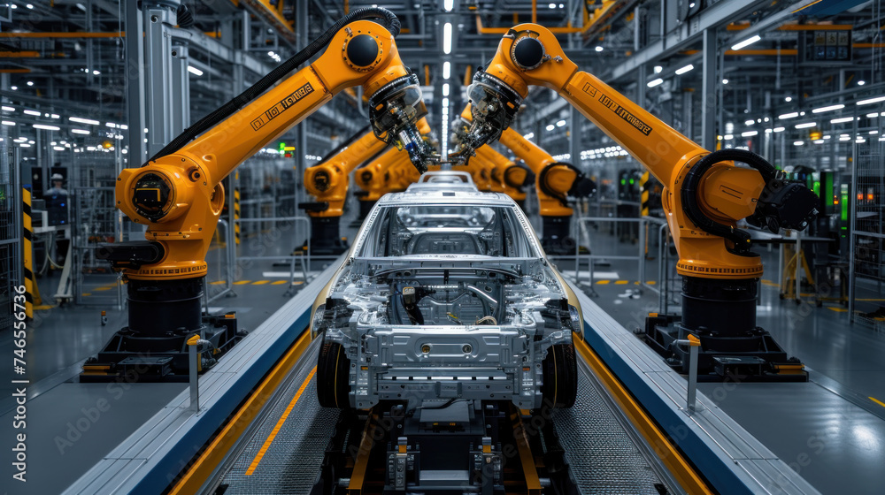 Aufkleber automated robotics arms efficiently assembling a car on a production line, showcasing precision and 