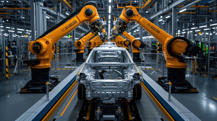 Automated robotics arms efficiently assembling a car on a production line, showcasing precision and advanced manufacturing technology