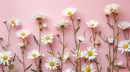 White daisy chamomile flowers on pink background. Creative lifestyle, summer, spring concept.