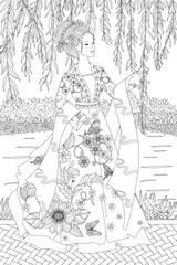 coloring book page for adults and kids. Fashion chinese woman in - 746556744
