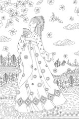 Fototapeta na wymiar coloring book page for adults and kids. asian girl with elegant