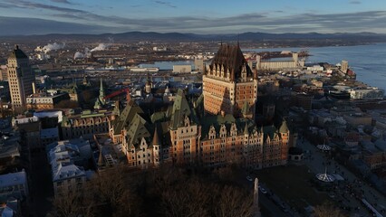 aerial view of the Fairmont Le Chateau Frontenac, a historic hotel in Quebec City, Canada