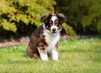 A puppy from the Sporting Group breed is seated on the grass