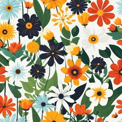 Floral Pattern in Flat Style with a Variety of Colorful Flowers