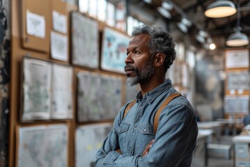 Mature gray-haired man contemplates artworks displayed on gallery walls - obrazy, fototapety, plakaty