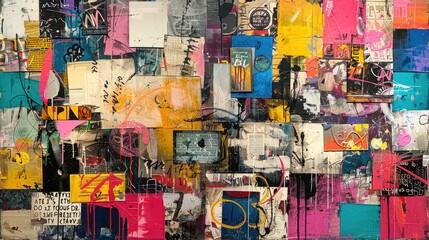 Generative AI, colorful grunge cut out magazine collage background. Different textures and shapes