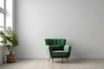 Green sofa in classic interior with window. 3d render illustration.