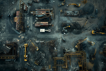 Aerial view of industrial mining operation site, showcasing heavy machinery and excavation work in progress.