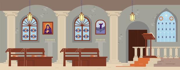 Catholic church or chapel interior with altar wooden benches, arch stained glass windows and candles vector illustration