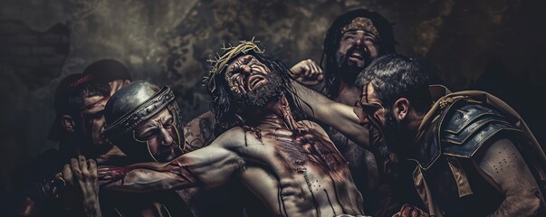 Depiction of Roman soldiers jeering and beating Jesus, illustrating the harsh treatment he faced prior to crucifixion. - obrazy, fototapety, plakaty