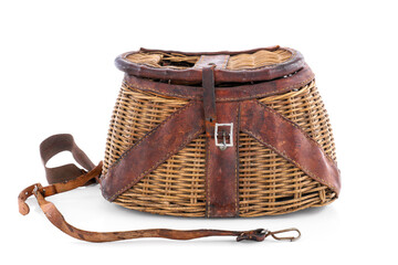 Woven vintage fishing creel basket with leather straps