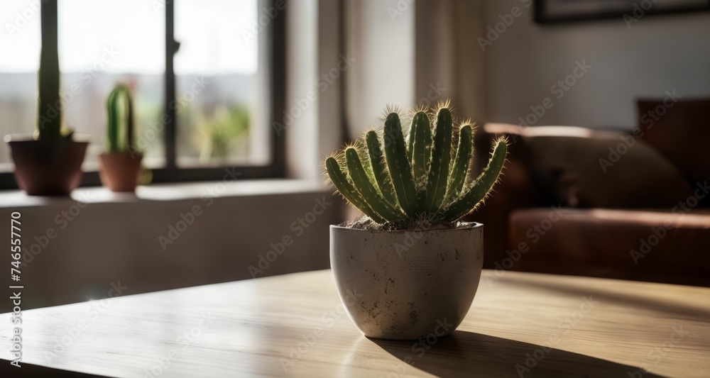 Poster  Bright and cozy living room with cactus in a modern pot