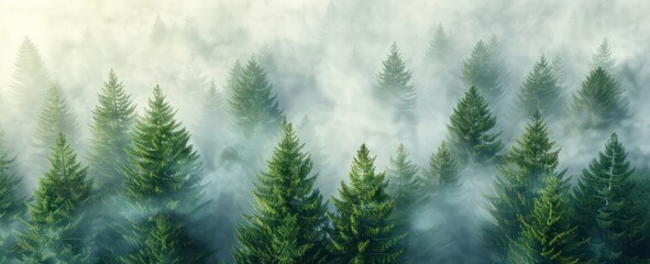 Captured from above, a mist-shrouded forest adorned with pine trees forms a foggy and atmospheric nature background. - obrazy, fototapety, plakaty
