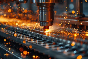 A detailed view of a CNC machine in the process of cutting metal, with sparks flying in a dynamic display of industry