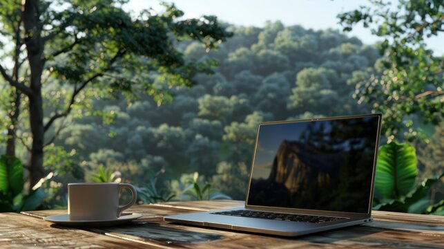 A laptop and coffee on a wooden table against a backdrop of nature.