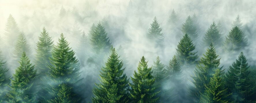 Captured from above, a mist-shrouded forest adorned with pine trees forms a foggy and atmospheric nature background.