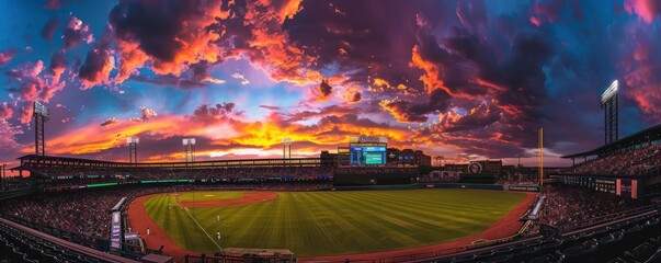 Wide perspective of a stadium featuring a baseball diamond against a vivid sky.