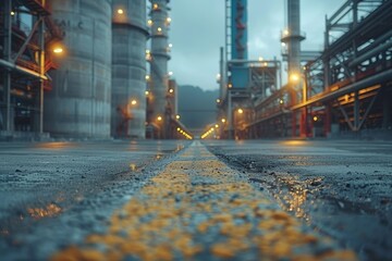 A moody industrial landscape illustrating a road leading towards a glowing factory symbolizing opportunity and future growth - Powered by Adobe
