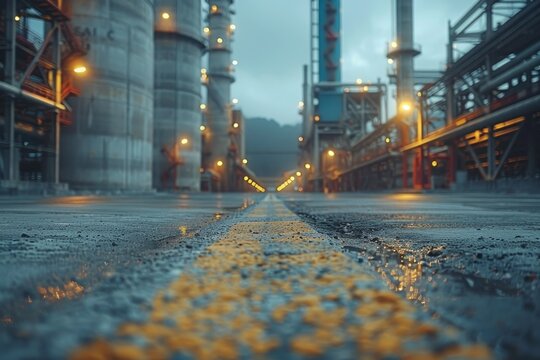 A moody industrial landscape illustrating a road leading towards a glowing factory symbolizing opportunity and future growth