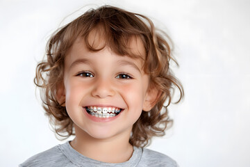 Closeup portrait of smiling child with dental braces