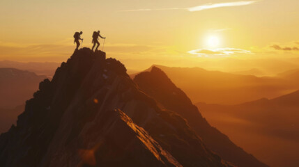 silhouette climbers manage to ascend to the summit a mountain sunset after hard teamwork,reaping the rewards collaboration to achieve common goals and accomplishments, attaining success through effort