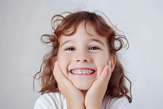 Closeup portrait of smiling child with dental braces