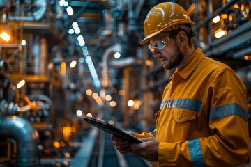 An industrial worker in a yellow hard hat using a digital tablet to monitor factory processes and...