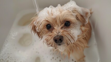 Adorable Yorkie Getting a Shower at Home. A wet Yorkshire Terrier looks up during a shower, its face framed by a lather of soap bubbles against a white bathtub background.