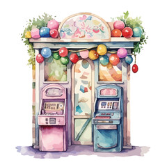 Watercolor Fantasy Arcade Clipart  Isolated on White