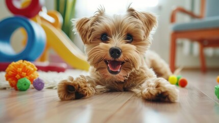 Joyful Yorkshire Terrier Lying Amongst Toys. An exuberant Yorkshire Terrier lies on the floor with a bright smile, surrounded by a variety of colorful toys.