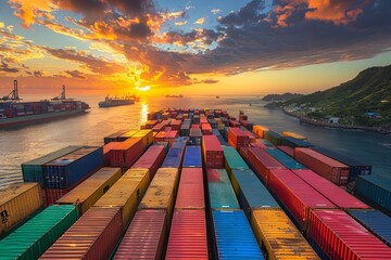 Majestic sunset over a busy cargo ship port filled with colorful shipping containers and active marine traffic
