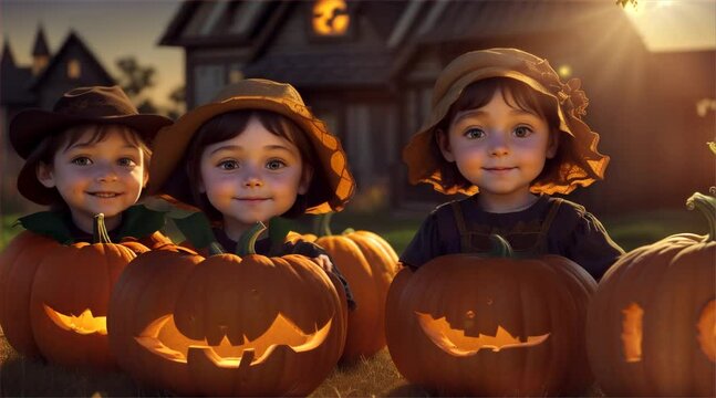 Child in Halloween costume holding a pumpkin, surrounded by festive Halloween decorations