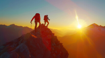 silhouette climbers manage to ascend to the summit a mountain sunset after hard teamwork,reaping the rewards collaboration to achieve common goals and accomplishments, attaining success through effort