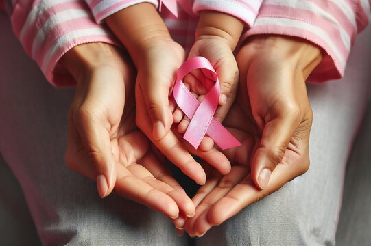 hands adults and children holding pink ribbons, Breast cancer awareness and October Pink day, world cancer day.
