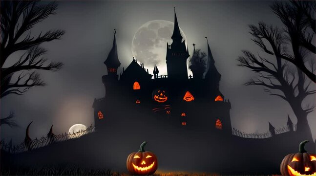 Halloween Night with Pumpkins, Bats, and Haunted House Silhouette