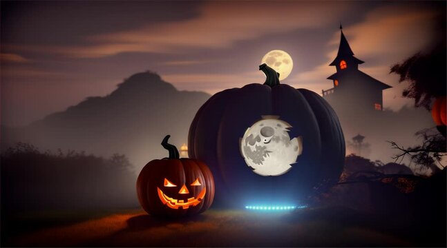 Halloween Night with Pumpkins: A Spooky Autumn Illustration Under the Moonlit Sky. The image shows a Halloween scene with a jack-o'-lantern