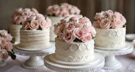  Elegant wedding cakes adorned with delicate pink roses - obrazy, fototapety, plakaty