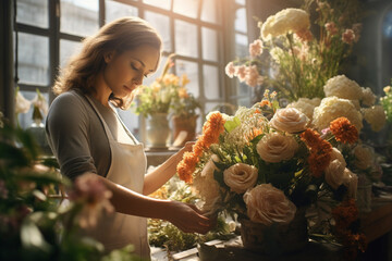 Florist woman and man, in flower shop or florist shop. Floristics, bouquet of flowers, plant, blooming, flowering, blossom and bloom