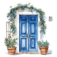 Fototapeta na wymiar Watercolor Greece Door Clipart Isolated on White Background