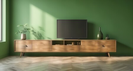  Modern elegance - A sleek TV console in a vibrant green room