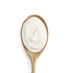 One wooden spoon with mayonnaise isolated on white, top view