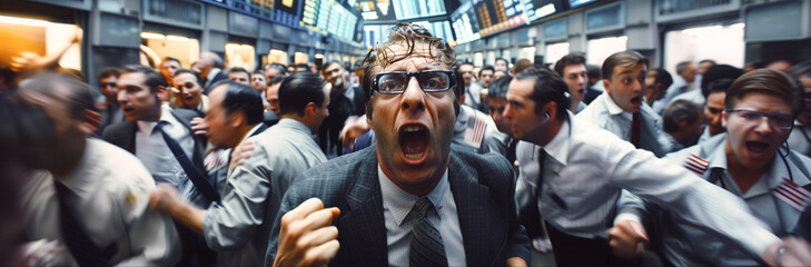 a busy pit of a stock exchange, traders everywhere, yelling to sell stocks