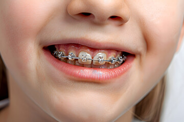 Closeup of smiling kid mouth with dental braces