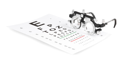 Trial frame and vision test chart isolated on white
